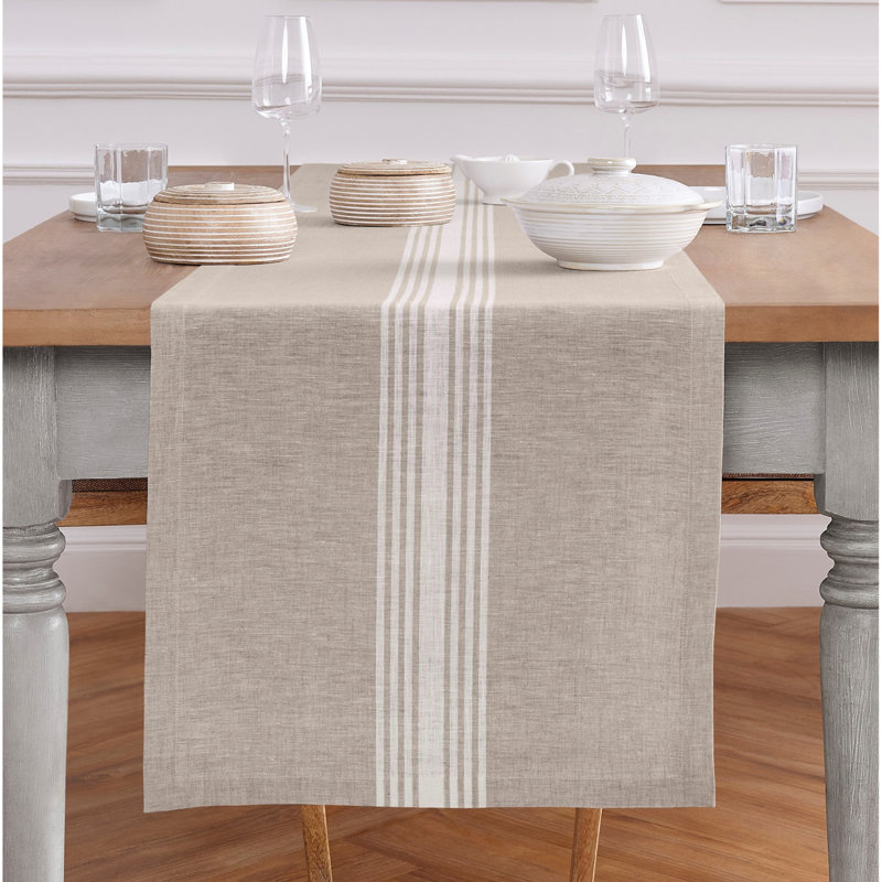 Farmhouse - 100% Pure Linen Table Runner, 108" x 14", White/Natural