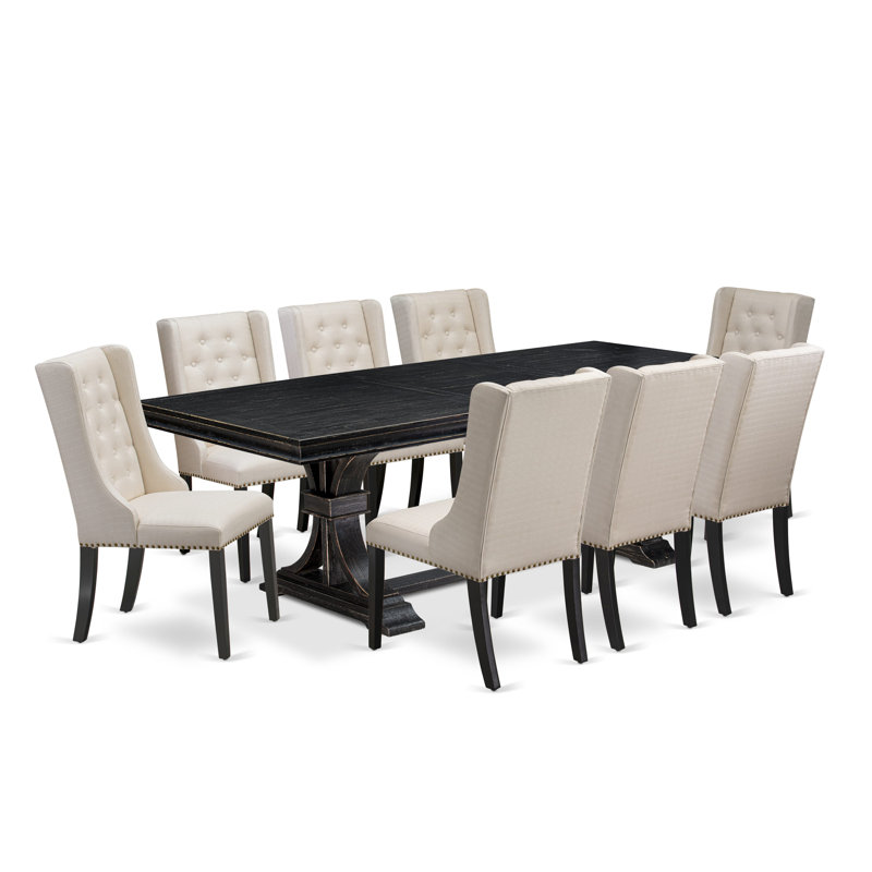 9-piece dining set includes a rectangular dining table and 8 Cream Linen Fabric dining chairs with Button Tufted Chair Back - Sand Blasting Black.