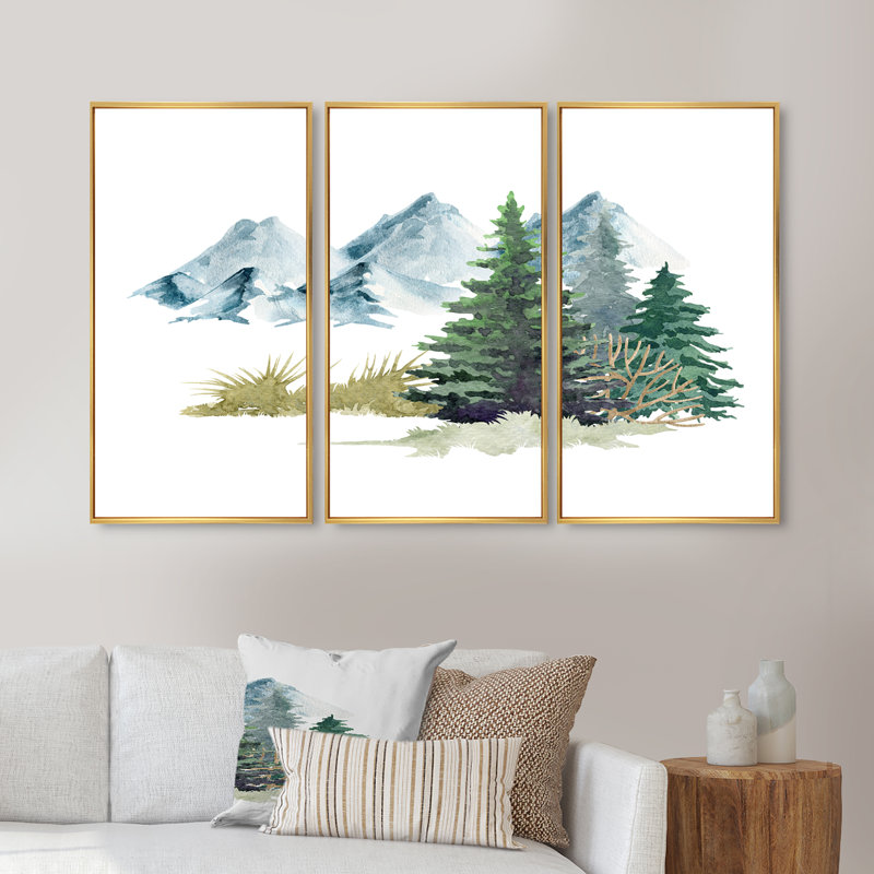«Pine Trees In Mountain Landscape», peinture sur toile 3 pièces, H 28 po x l 36 po, Cadre doré simple