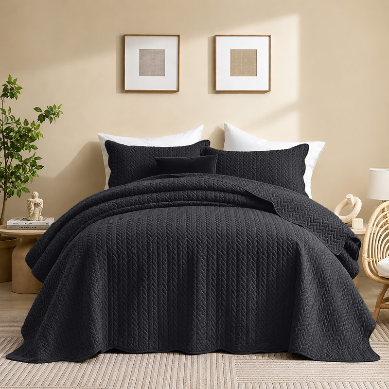 Microfiber Embossed Oversized Modern & Contemporary Bedspread Set With Shams, Black, Full Bedspread + 2 Pillowcases