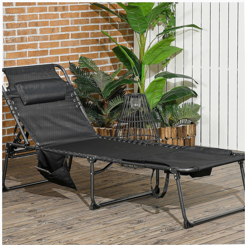Outsunny Folding Chaise Lounge with 5-level Reclining Back, Outdoor Tanning Chair with Reading Face Hole, Outdoor Lounge Chair with Side Pocket & Headrest for Beach, Yard, Patio, Black