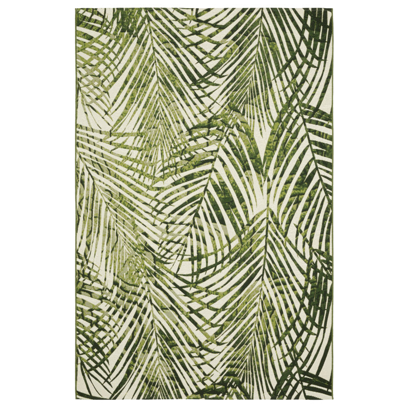 Arjay Layered Tropical Leaves Green/ Ivory Indoor-Outdoor Rug, Rectangle 5'3" x 7'7"