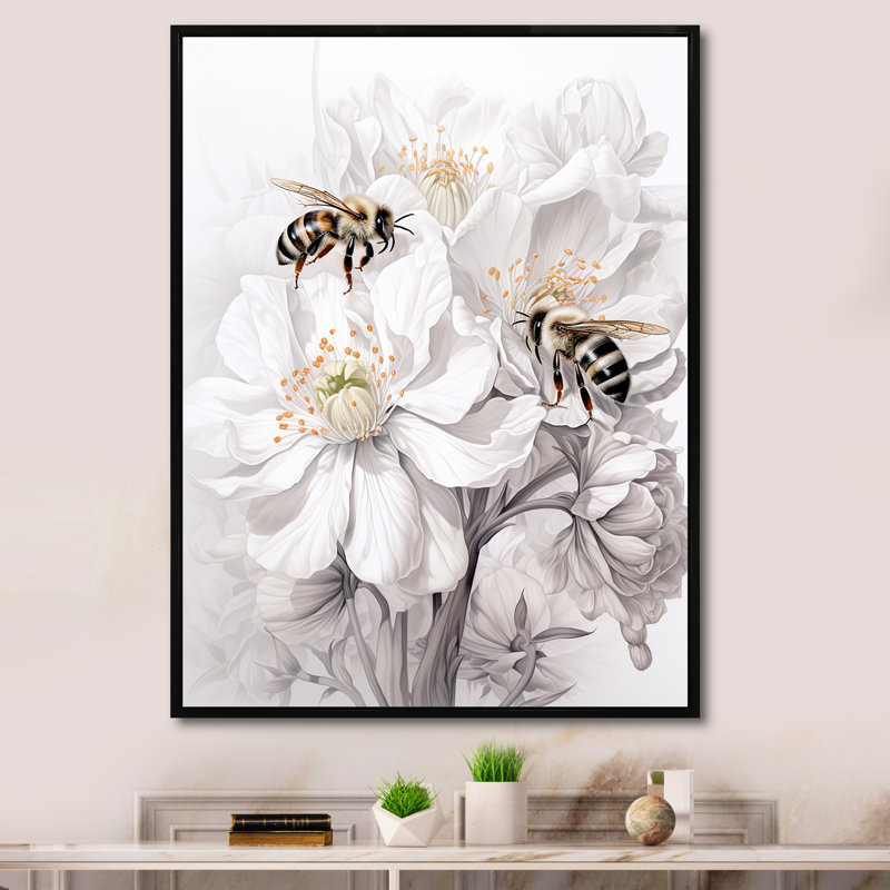 «White Buzzing Bees Flowers 1», art mural insectes et insectes, Cadre flottant noir, H 44 po x l 34 po