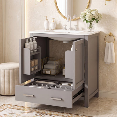 Ensemble meuble-lavabo autoportant de 76 cm (30 po), meuble-lavabo simple encastré, structure en bois massif, 2 portes à fermeture douce et 1 tiroir, rangement multifonctionnel pour salle de bain