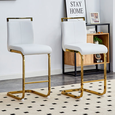 Chaise de bar rembourrée en cuir PU moderne avec pieds en métal doré C-Tube, convient aux restaurants, cuisines, terrasses et chaises de bureau d'invités (ensemble de 2) (blanc + polyuréthane)