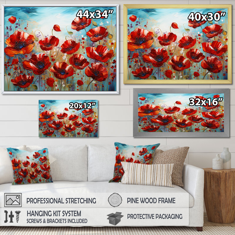 Coquelicots rouges en fleurs sur toile, H 16 po x l 32 po x P 1 po, Cadre flottant blanc