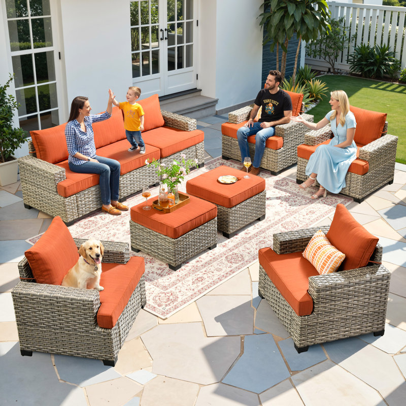 Harbin Wricker 7 - Person Outdoor Seating Group With Cushions, Orange, No