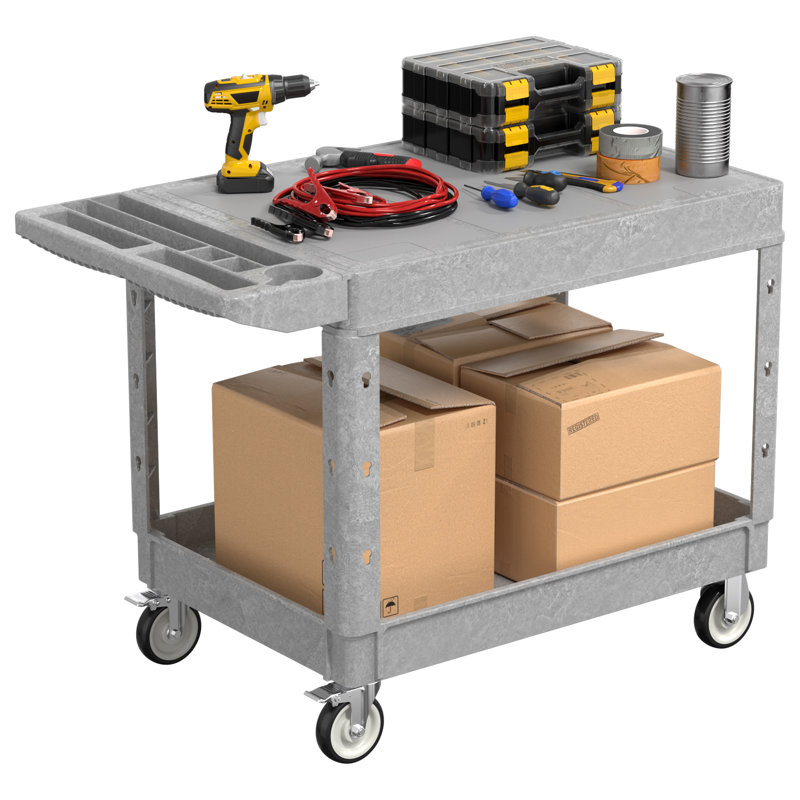 Chariot utilitaire en plastique à 2 tablettes, Gris