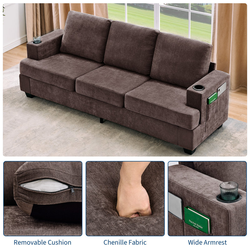 Canapé moderne en chenille 3 places pour le salon - Canapé à assise profonde avec porte-gobelets et rangement latéral - Style modulaire confortable pour appartement ou salon - Brun