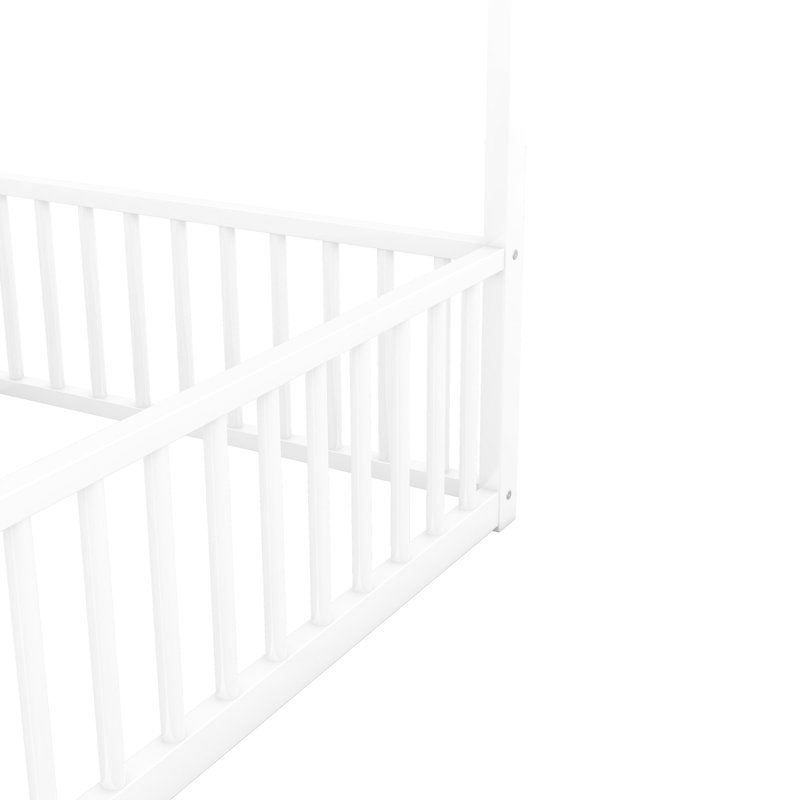 Metal Twin Bedroom Platform Beds, House-Shaped Guardrail Security, White House With Guardrails, Frame For, Antique White