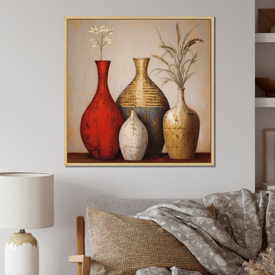 Cottage Vases rouges fleurs de blé séché I - art mural Boho Pottery pour le salon