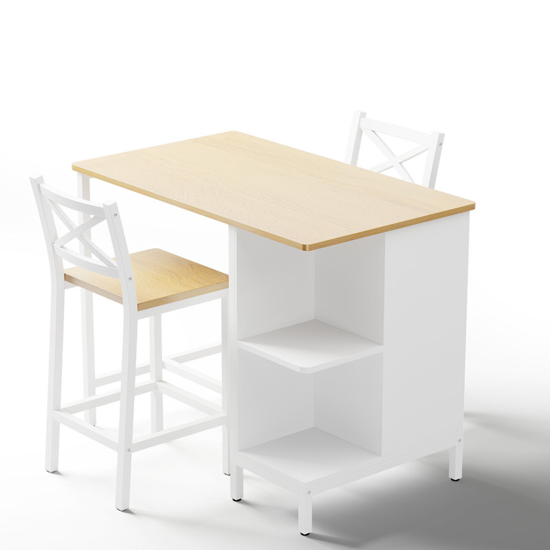 Industrial Style 3 Pieces Counter Height Dining Table Set With Storage Shelves, 41.3’’L Rectangular Dining Table With 2 Dining Chairs For Compact Kitchen Or Dining Room