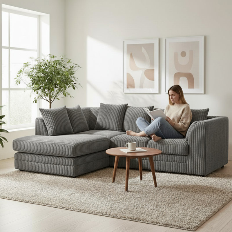 Jumbo Cord Upholstered Corner Sofa Small Back Cushion with Foot Stool , Grey, Left Hand Facing