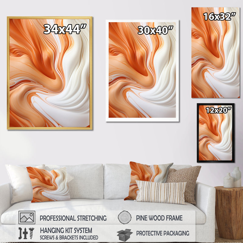 «Orange» et «Paint Waves» - Art mural abstrait à l'encre liquide, H 40 po x l 30 po x P 1,5 po, Cadre flottant blanc