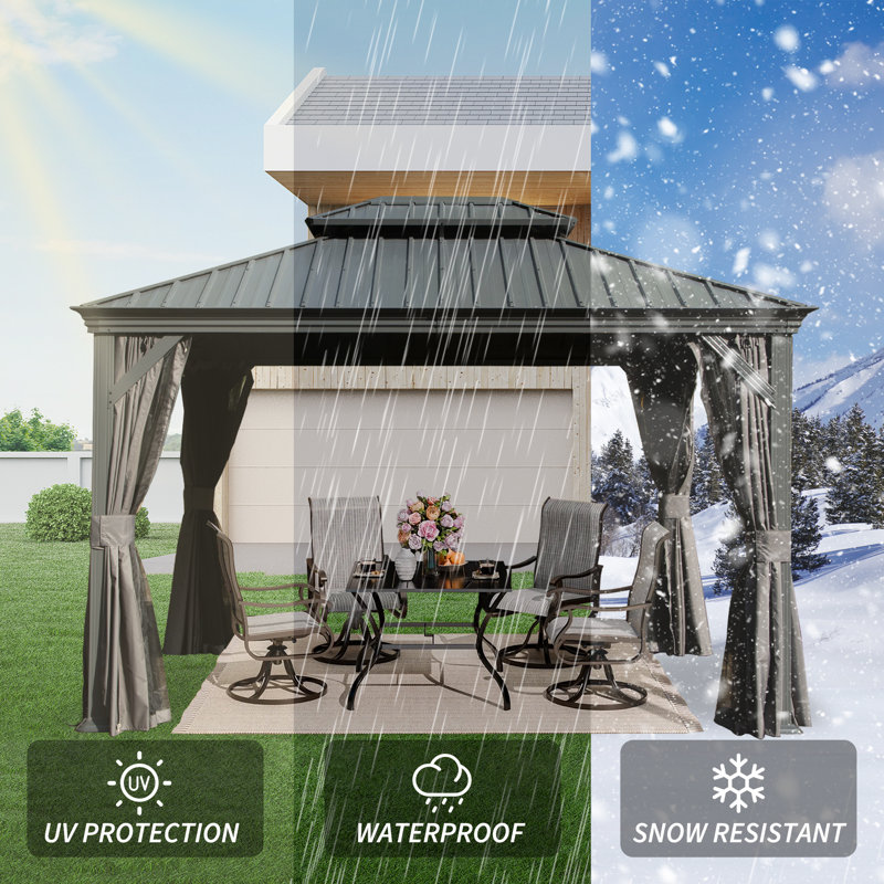 Outdoor Galvanized Steel Patio Gazebo with Double Roof, Gray, 114.7" H x 142.91" W x 117.32" D