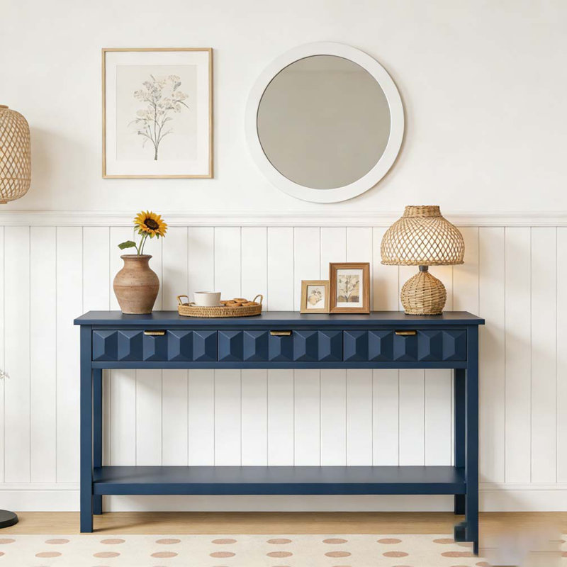 60'' Fir Veneer Entryway Table with Honeycomb-patterned Fronts,Modern Stylish Console Table, Navy Blue