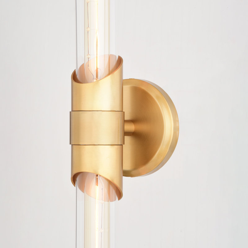 Webster 2-Light 4.75 inch Wide Natural Brass Gold Contemporary Bathroom Vanity Lighting Fixture, Clear Glass Shade, Dimmable, LED Compatible, Over the Mirror or Side Mounted Steel Wall Sconce