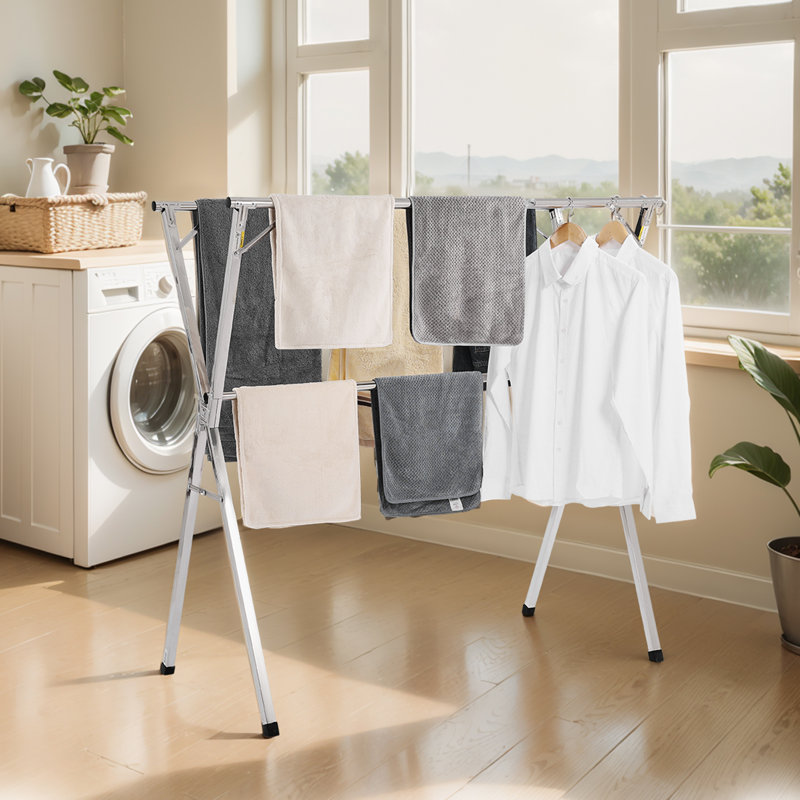 Clothes Drying Rack, 2-Tier Telescopic Laundry Dryer Rack, Stainless Steel Drying Racks with 30 Windproof Holes and 2 Shoe Hooks, Free-Standing and Portable Hanger for Outdoor & Indoor Use