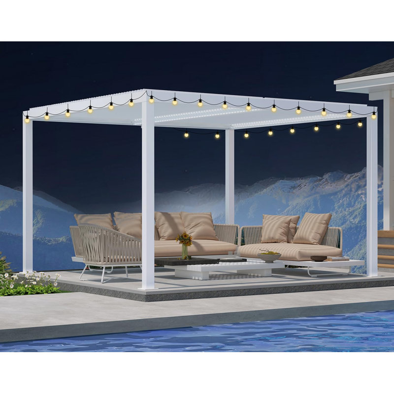 Pergola moderne à persiennes mauve avec pergola blanche et aluminium, H 94,32 po x l 144 po x P 144 po