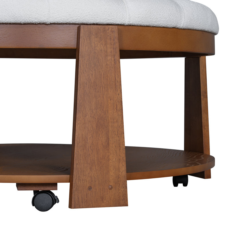 Large round ottoman coffee table | 2-tier button tufted design | wood shelf storage | waterproof linen upholstery | wheeled footrest