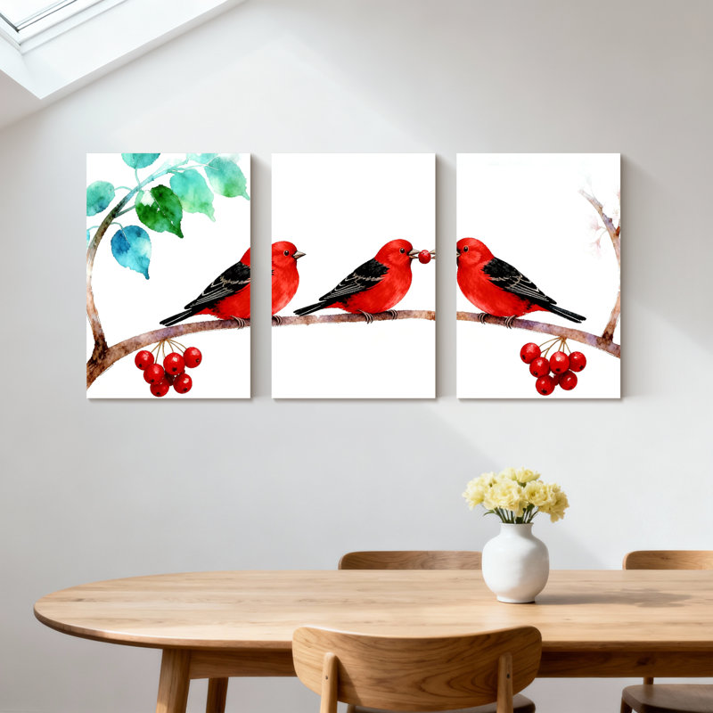 Oiseaux oiseaux rouges sur une branche avec baies et feuilles, ensemble de 3 impressions sur toile, H 18 po x l 36 po