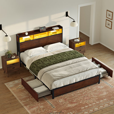 3 Piece Bedroom Sets, Modern Bed With 2 Drawers& 2 Wave Nightstand