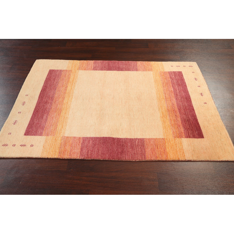 Tapis beige en laine noué à la main de conception unique 4 pi x 5 pi 9 po New Age