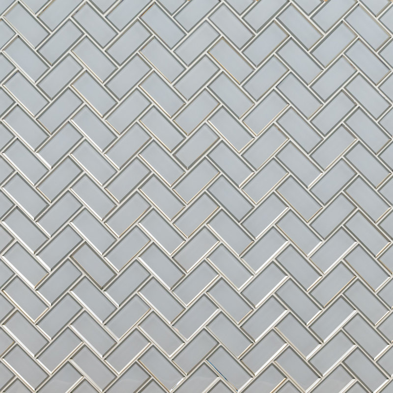 Rivella Herringbone 11 in. x 14 in. Glossy Glass Mosaic Wall Tile, Sage Edge