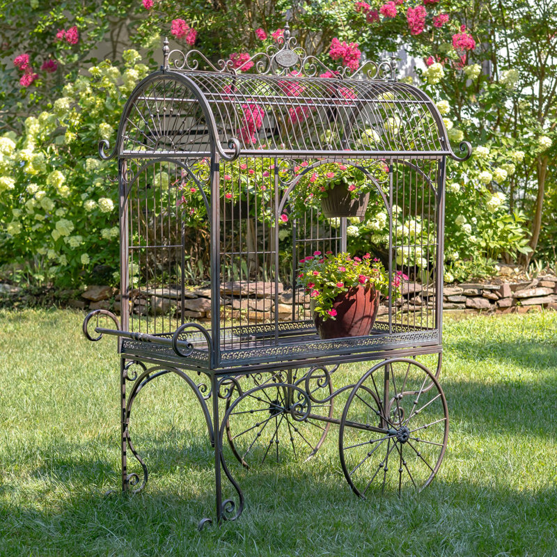Large Antique White Metal Flower Cart with Curved Roof