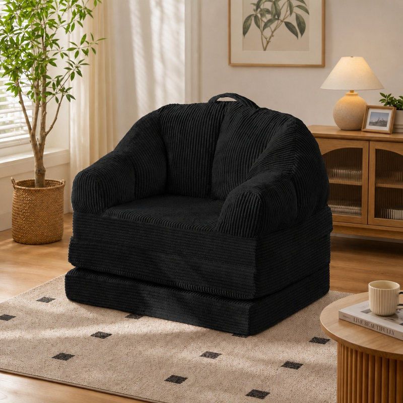 3-in-1 Boneless Convertible Folding Sofa Bed, Single Floor Sleeper Chair with Handle, Black