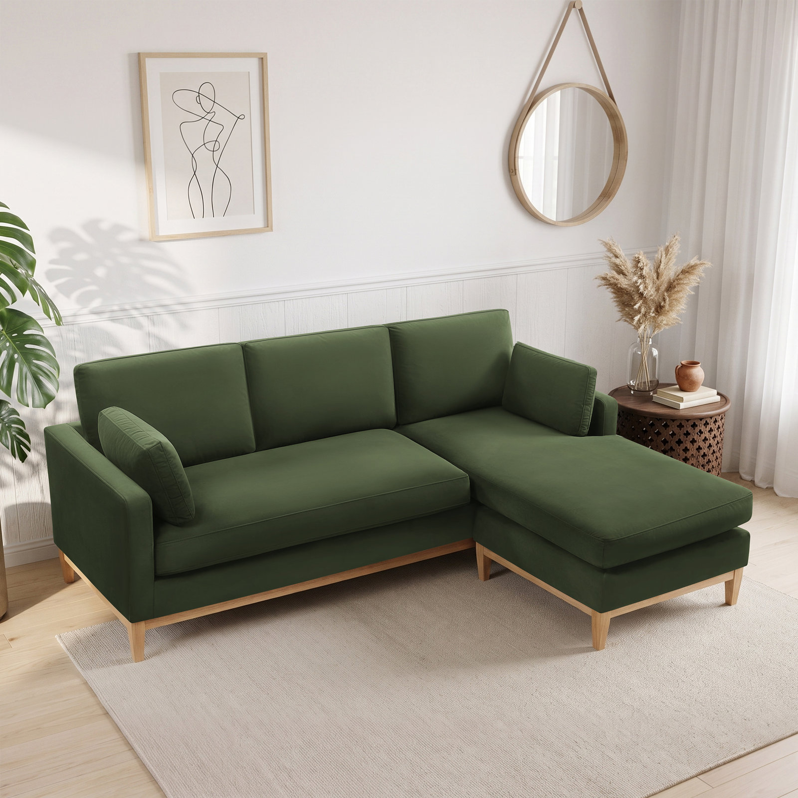 Pierre Velvet Sofa and Chaise, Kelly Green Velvet