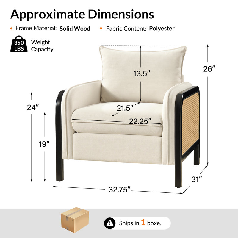 Claria Coastal 32.75" Solid Wood Upholstered Armchair With Woven Rattan Arms Set Of 2, Natural
