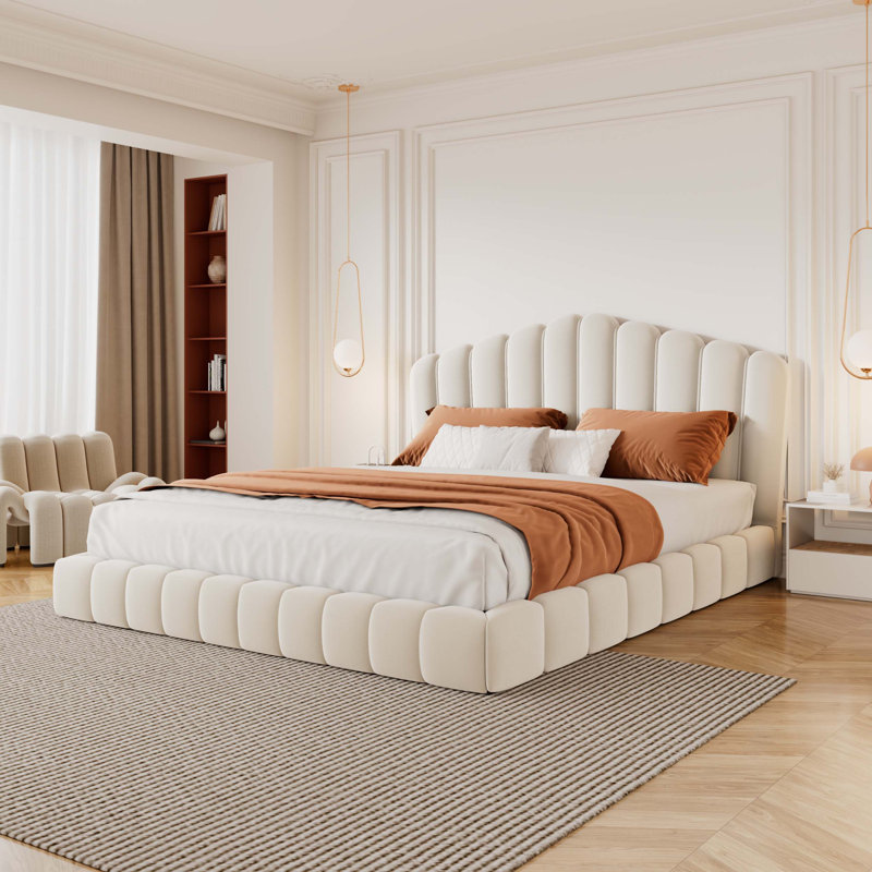 Structure de lit tapissier en velours pour grand lit avec tête de lit en forme de coquillage, aucun sommier nécessaire, mobilier de chambre moderne et confortable