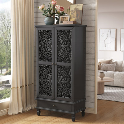 Vintage-Style Decorative 2-Door Carved Wood Accent Cabinet with Drawer and Solid Wood Legs for Elegant Storage