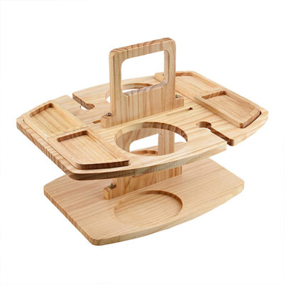 Portable Wooden Picnic Table for Outdoor Use – Removable Wine Glass Holder – Snack Serving Tray – Carrying Handle for Easy Transport – Ideal for Patio, Garden, or Camping – Wood Color