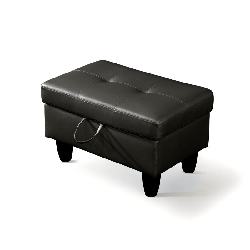 28.5" Wide Black Faux Leather Storage Ottoman, Rectangular Footrest with Tufted Top, Multi-Use Stool for Living Room, Bedroom & Entryway