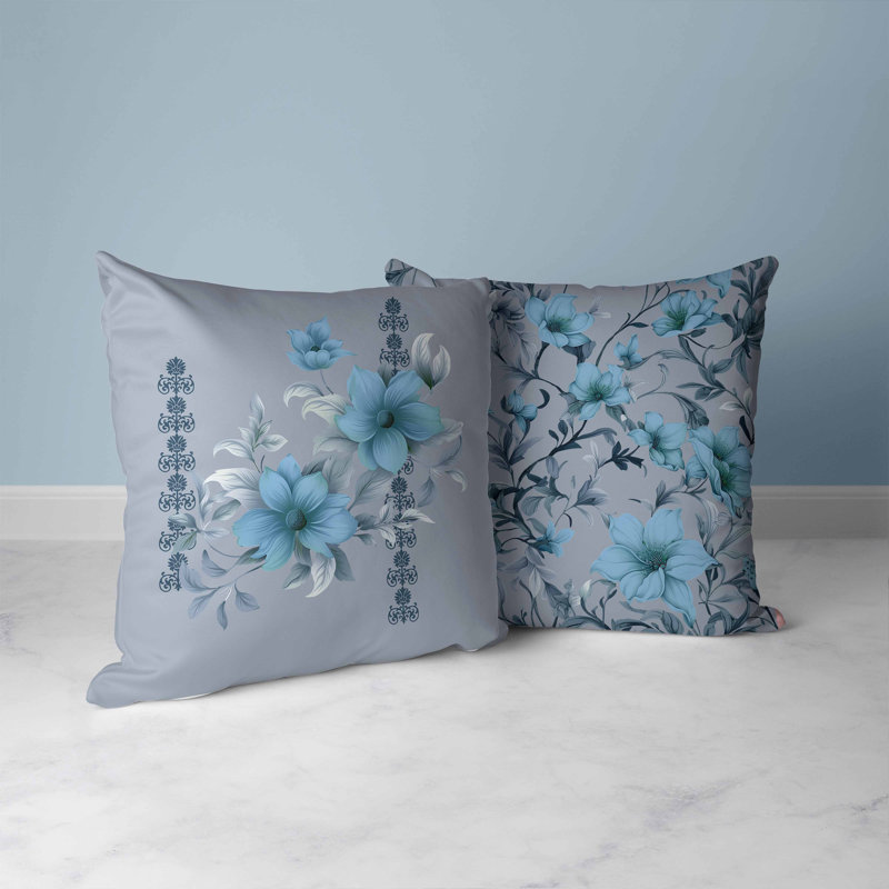 Indoor / Outdoor Floral Square Cushion, 46cm H x 46cm W, Blue/Grey Floral