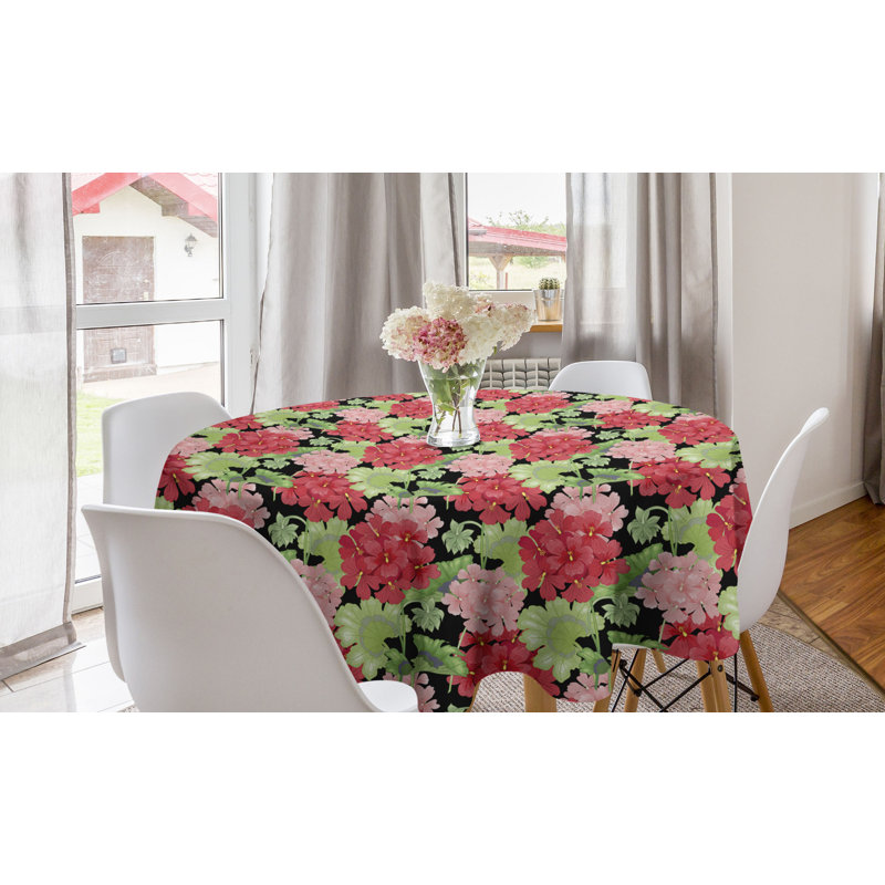 Ambesonne Geraniums Round Tablecloth, Hand Drawing Victorian Style Flowers With Branches And Leaves Print, Circle Table Cloth Cover For Dining Room Kitchen Decoration, 60", Black Multicolor