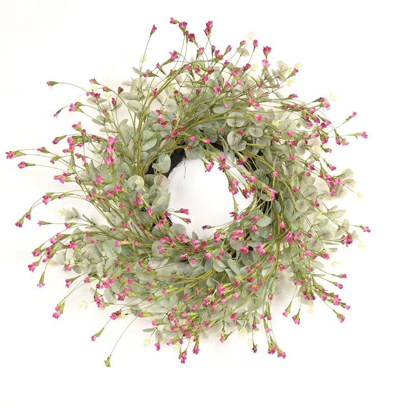 Couronne de porte artificielle florale 24 po Eucalyptus Spring Summer, Vert/rose