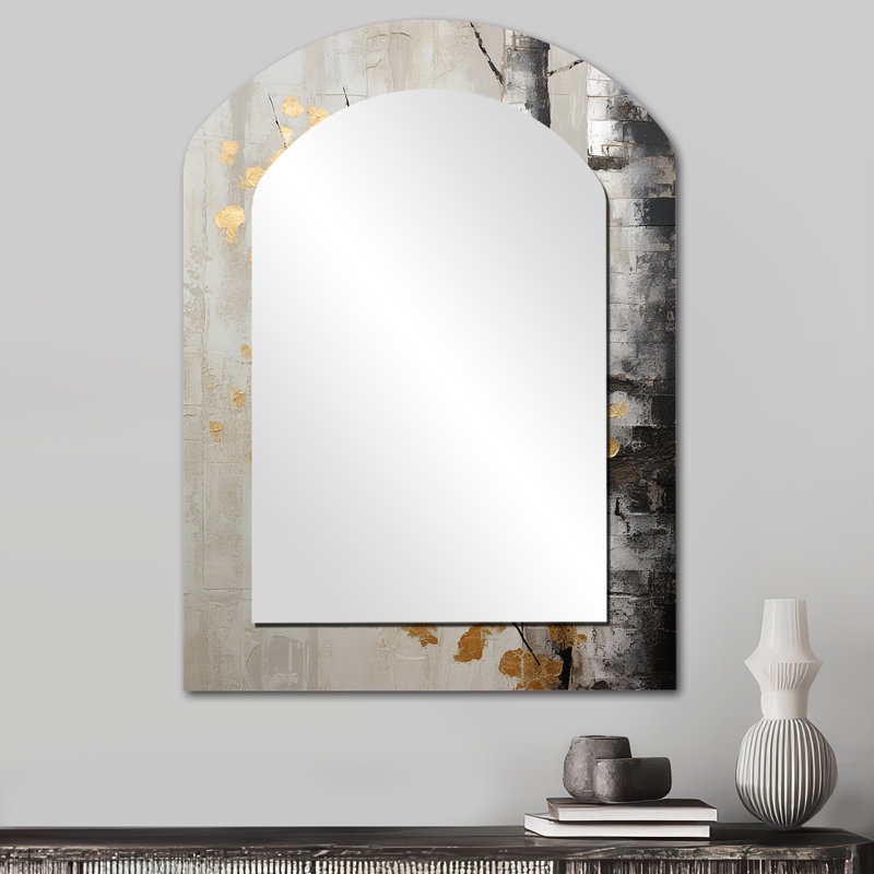 Tree Whispers Of Grey and Gold - miroir mural décoratif asymétrique monochrome, miroir arqué traditionnel, impression sur métal