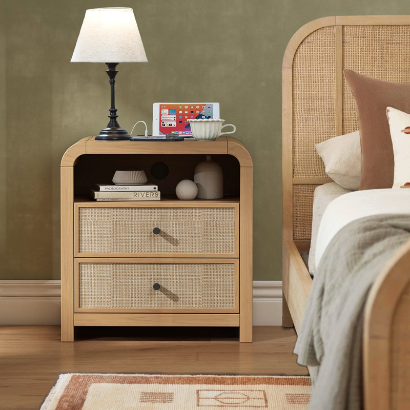 Cevat 23.6'' Rattan End Table with Ample Storage, Boho Nightstand with Charging Station, Brown
