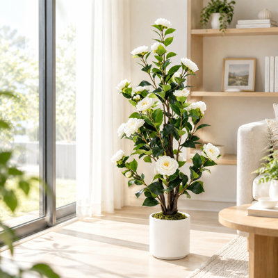 Set of 2 Artificial White Camellia Trees, 39" Faux Camellia Plants in Pots with Flowers, Real Touch Indoor/Outdoor Decor for Home, Weddings, and Gardens