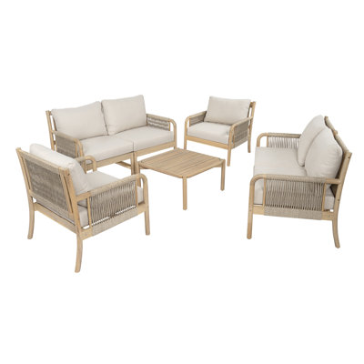 Casper Outdoor 7-Pieces Sofa and Coffee Table Set Acacia Wood and Woven Rope