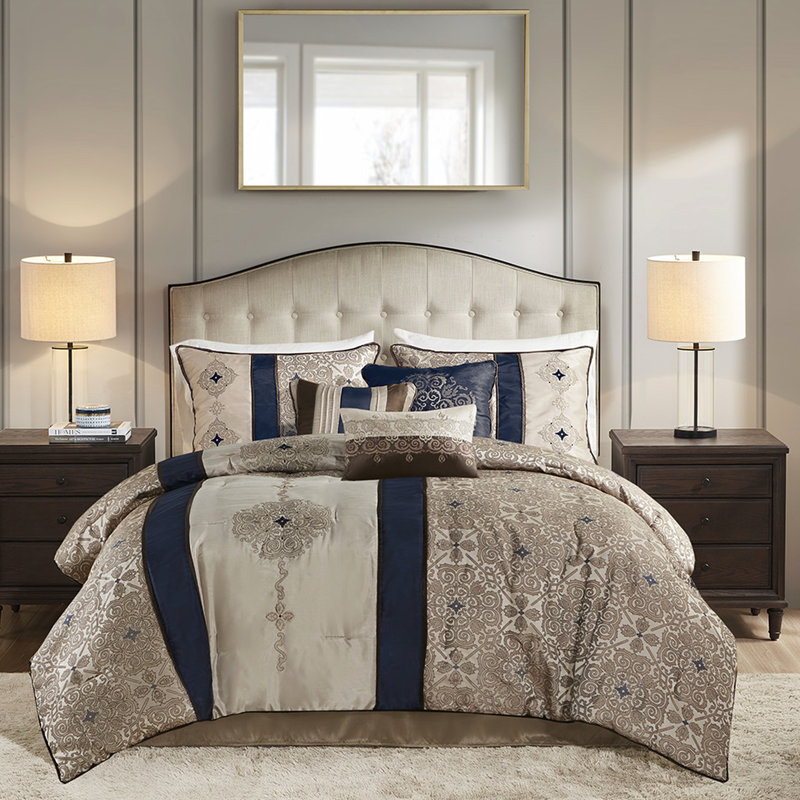 Navy Bedroom - King 7 Piece Comforter & Bed With Pillows Essentials, Navy