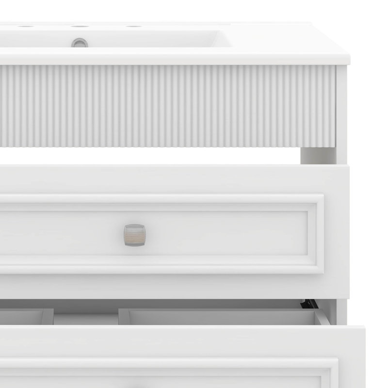 Meuble-lavabo mural 30 po, meuble-lavabo flottant avec lavabo en céramique, armoire de rangement avec 2 tiroirs, Blanc