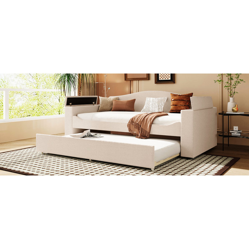 Lit de jour simple beige avec rangement et lit gigogne, audio pour une ambiance relaxante Lit gigogne rembourré beige, temps amusant et amusant