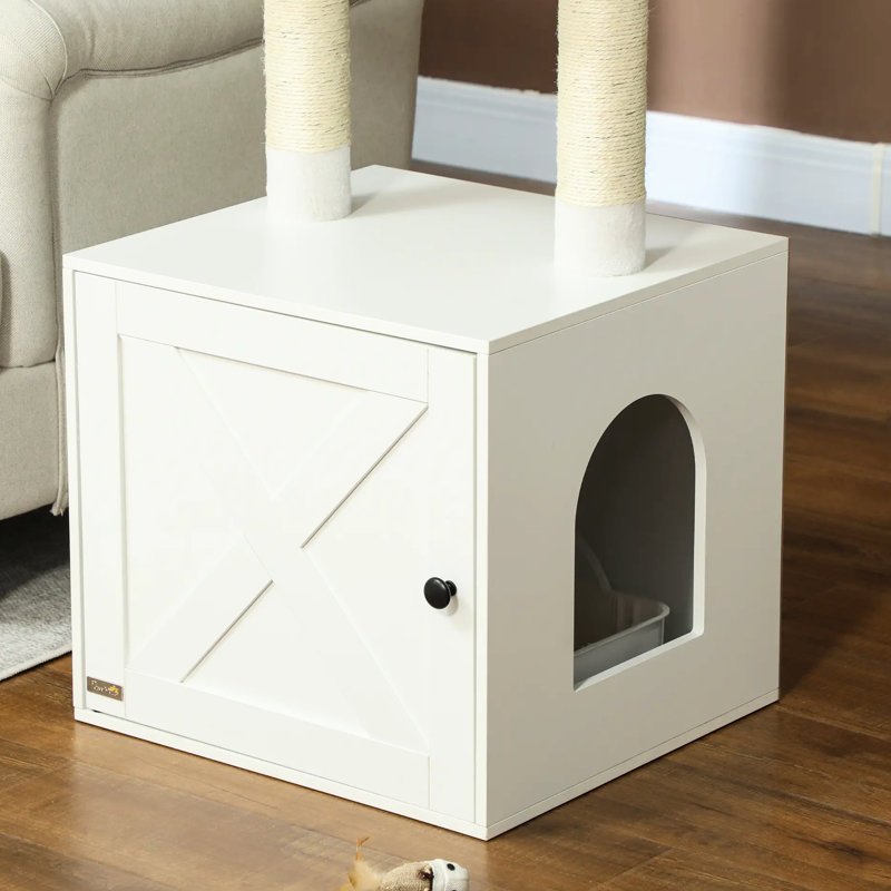 21 White Cat Tree And Litter Box, Vertical Space Use, Furniture-Style, Enclosed Cabinet, Scratching Posts, Simple Setup With Box Enclosure, White, Space, Multi-Level Climbing, Scratching, Single