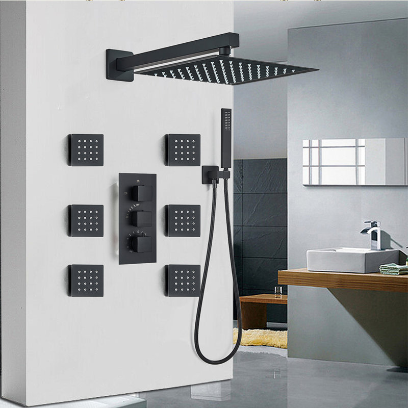 Système de douche thermostatique complet noir mat avec robinetterie encastrée, pommeau de douche effet pluie fixé au plafond, 6 jets de massage et douchette à main en laiton massif