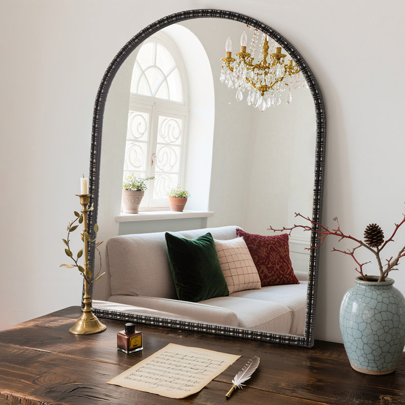 Vintage Mirror with Ornate Frame – Arch Metal Mirror for Wall Decor, Black, 32" x 24"