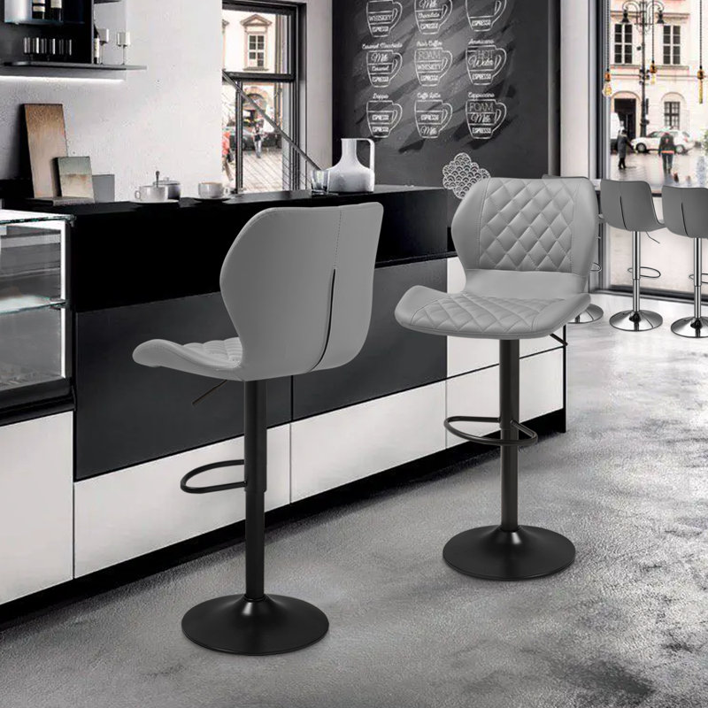 Gray Adjustable Swivel Faux Leather Bar Stools with Iron Base